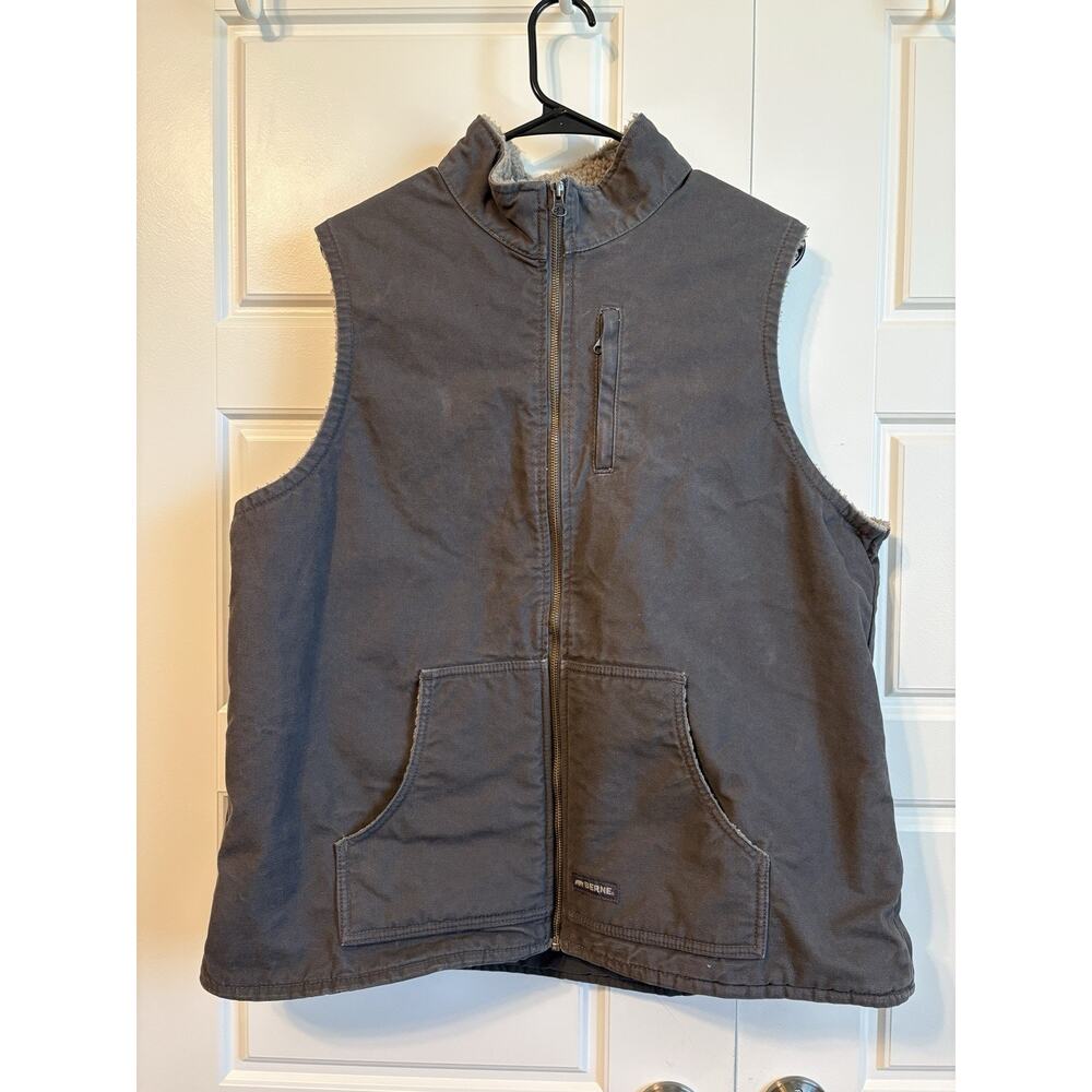 VTG BERNE Western Vest Mens XL Brown Canvas Sherpa Lined Inside Pockets